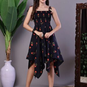 Women's Black Floral Printed Cotton Handkerchief Hem Dress Midi Dresses