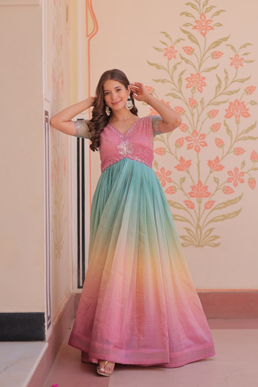 Women's Dual-Tone Ombre Gown in Candy Pink & Aqua Green with Embroidered Bodice β Festive & Contemporary Wear - Image 5