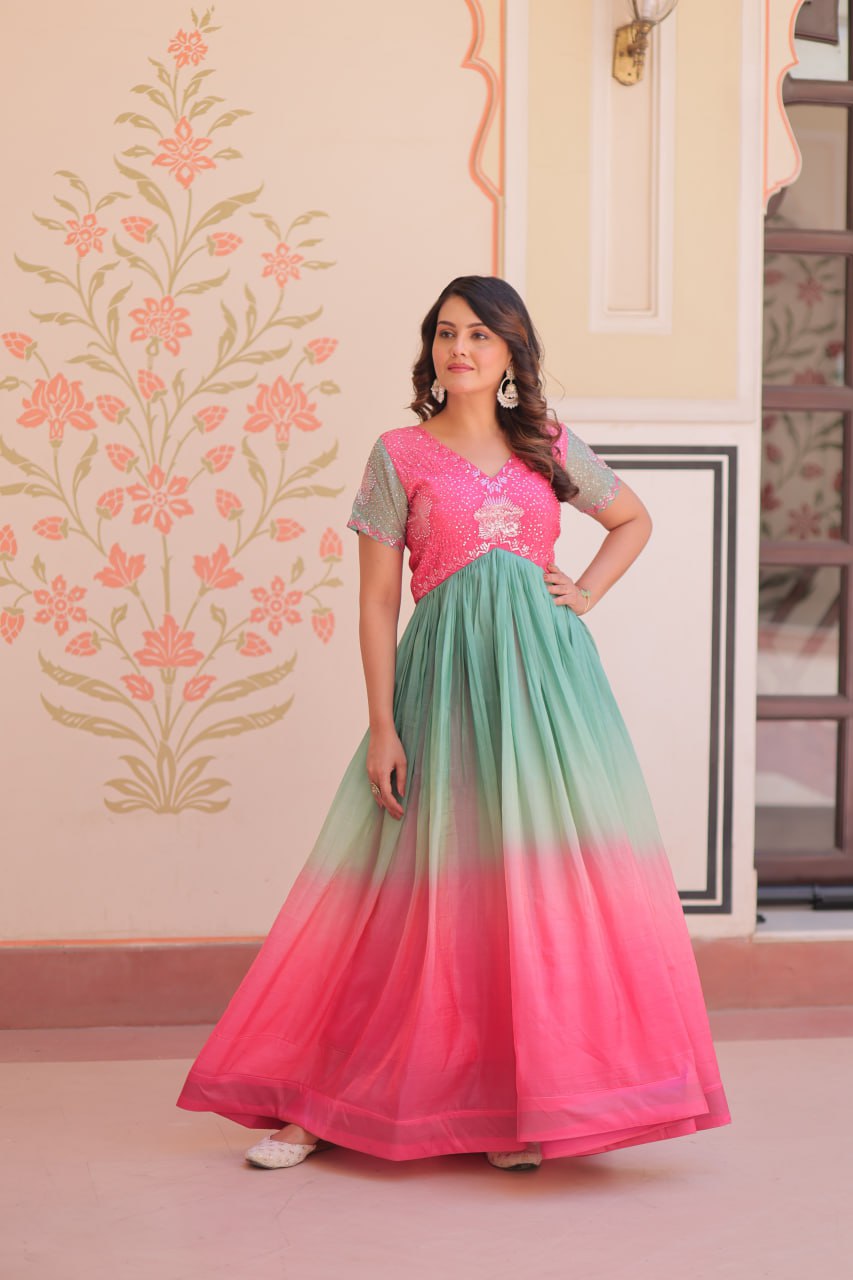 Women's Dual-Tone Ombre Gown in Candy Pink & Aqua Green with Embroidered Bodice β Festive & Contemporary Wear - Image 3