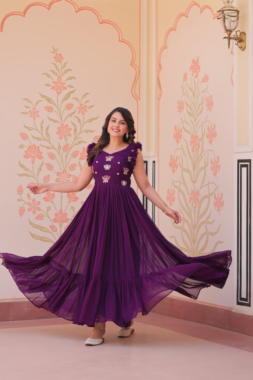 Women's Elegant Plum Purple Georgette Anarkali Gown with Butterfly Applique & Ruffle Sleeves – Festive & Special Occasion Wear